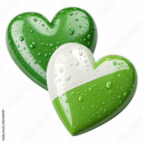 Two green and white hearts, 3D-rendered and isolated
