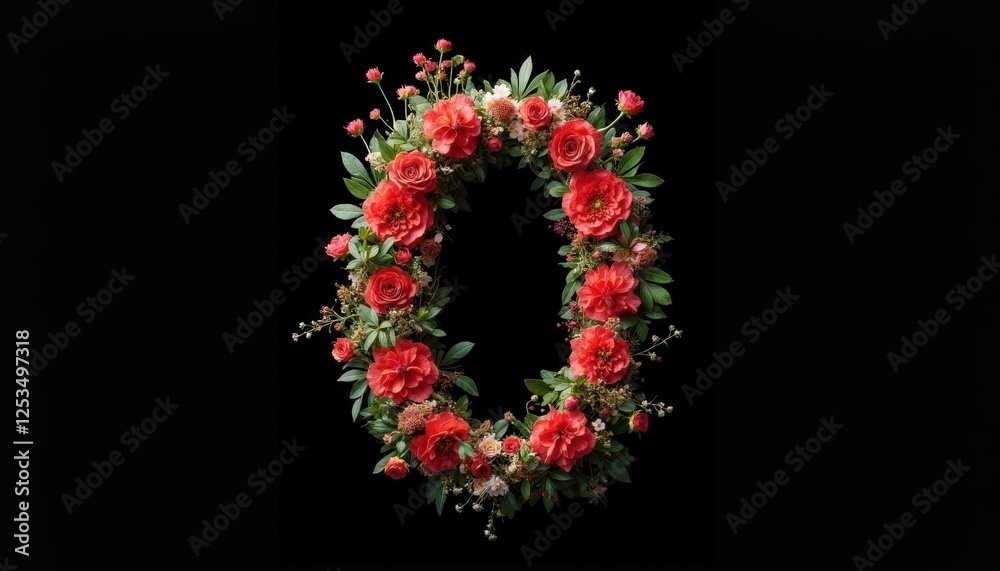 Floral Number Zero Wreath Design with Red Flowers Floral Number Zero Wreath Design with Red Flowers