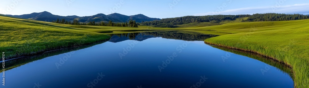 Obraz premium A serene landscape featuring a calm blue lake surrounded by lush green fields and distant mountains under a clear sky.