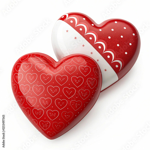 Two red and white hearts, 3D-rendered and isolated