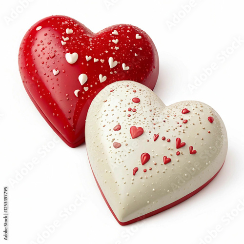 Two red and white hearts, 3D-rendered and isolated