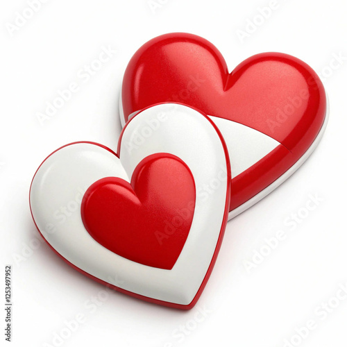 Two red and white hearts, 3D-rendered and isolated