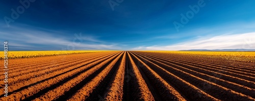 A panoramic view of a vast agricultural field with neatly arranged rows under a clear blue sky.