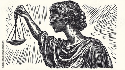 A vintage illustration of Lady Justice, blindfolded, holding scales, symbolizing fairness and law