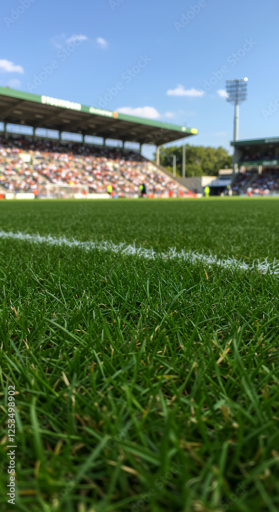 Fototapeta premium Stadium View: Lush Green Grass, White Lines, and Crowd Excitement! Sports, Turf, and Spectators.