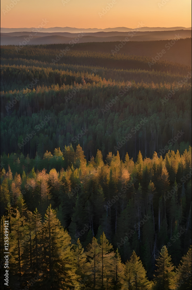 Obraz premium Sunset Over Rolling Hills: A panoramic view of a vast forest landscape bathed in the golden light of a setting sun. Rolling hills and layers of trees create a dramatic and serene scene. 