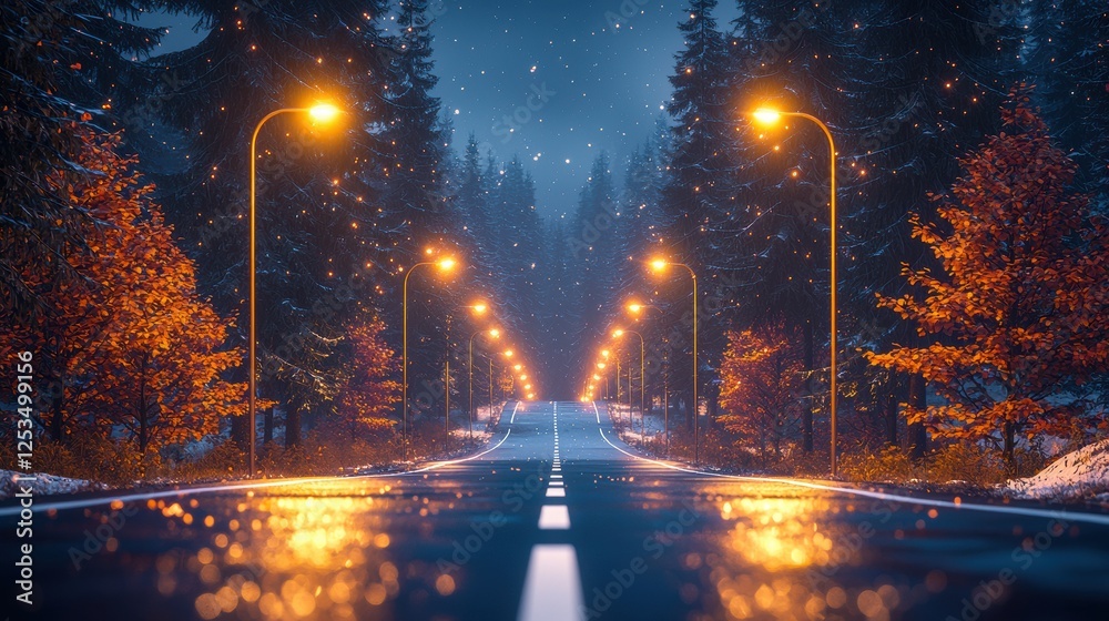 Nighttime street lights illuminate empty road in forested area Nighttime street lights illuminate empty road in forested area