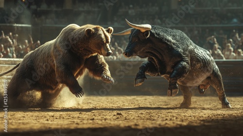 Dramatic outdoor shot of a brown bear and a black bull in a bullring arena, mid action, with dust and a crowd in the background, showcasing a powerful and intense moment. The bear is in a dynamic photo