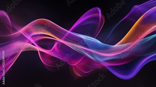 Abstract vibrant flowing lines with a gradient of purple, pink, orange, and blue against a dark background