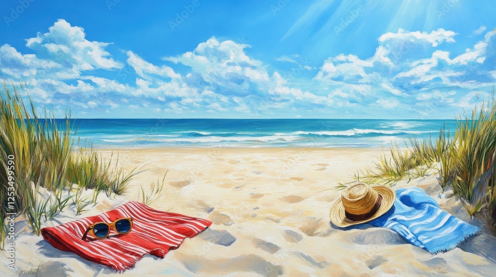 Obraz premium A sunny beach scene with clear blue skies, golden sand, and a refreshing ocean breeze, complete with beach towels, sunglasses, and sunscreen for a perfect summer day.