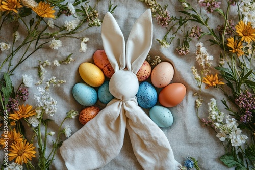 Easter brunch table: featuring a stylish napkin folded into bunny ears, natural dyed eggs photo