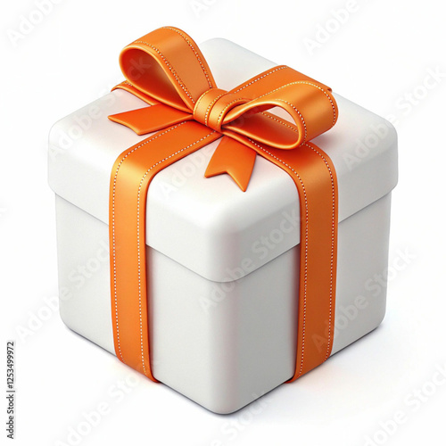 A 3D-rendered white gift box with an orange ribbon, symbolizing celebration, joy, and elegance with a festive, stylish design.
