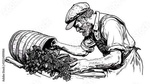 A vintner carefully inspecting a barrel of grapes in a rustic vineyard setting