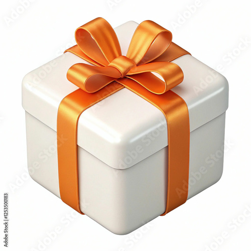 A 3D-rendered white gift box with an orange ribbon, symbolizing celebration, joy, and elegance with a festive, stylish design.