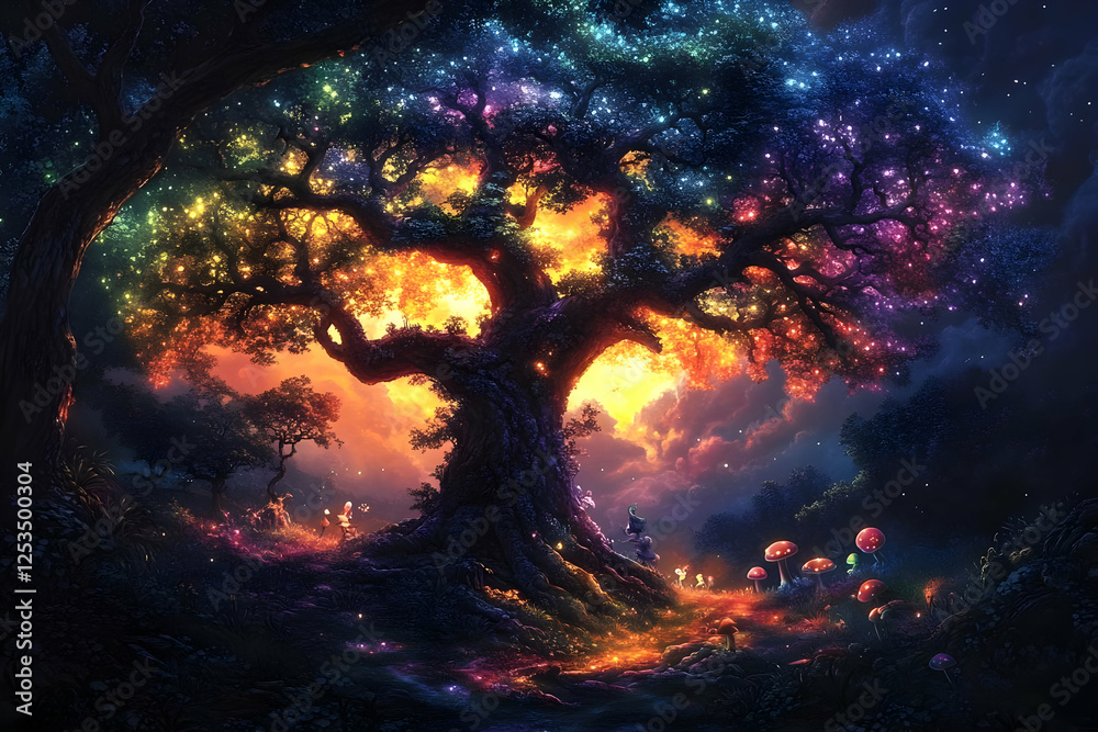 Fototapeta premium Glowing Magical Tree In Fantasy Forest At Night