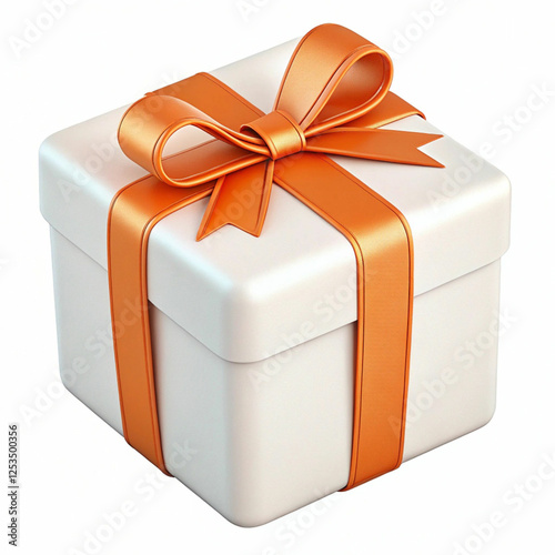 A 3D-rendered white gift box with an orange ribbon, symbolizing celebration, joy, and elegance with a festive, stylish design.