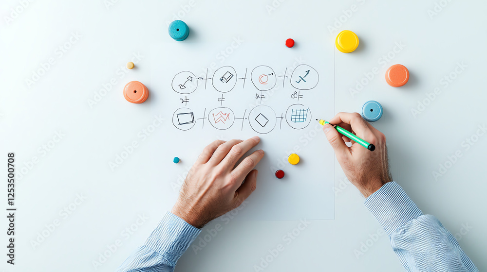 Obraz premium Hands sketching strategic goals with colorful markers and objects around
