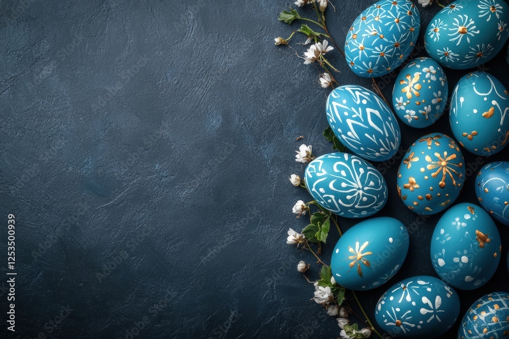 hand-painted blue Easter eggs arranged artistically on a dark textured background
