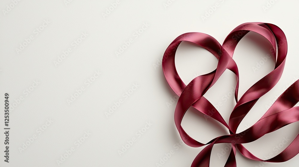 Decorative burgundy ribbon twisted into a heart shape on a light background for crafts and celebrations Decorative burgundy ribbon twisted into a heart shape on a light background for crafts and celebrations