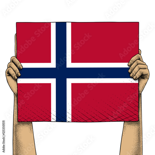 Hand Raises a Sign That Show Norway Flag
