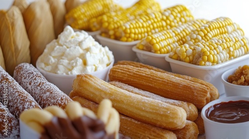 A colorful arrangement of Mexican street food including elote (corn on the cob), churros with chocolate dip, and tamales wrapped in corn husks.