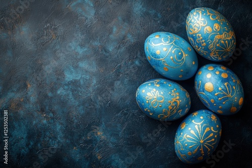 hand-painted blue Easter eggs arranged artistically on a dark textured background photo