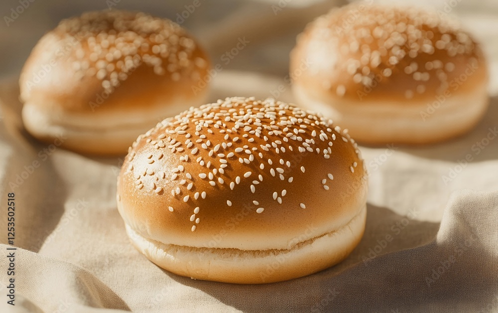 Golden brown sesame burger bun with soft and fluffy texture on linen fabric for gourmet baking and food photography Golden brown sesame burger bun with soft and fluffy texture on linen fabric for gourmet baking and food photography