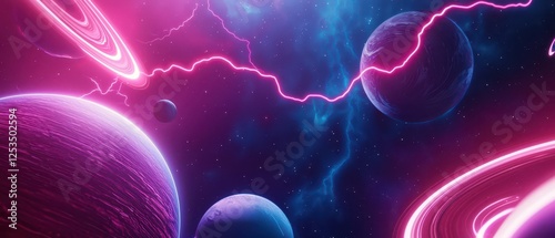 A vibrant electric storm in space with swirling neon lightning effects.