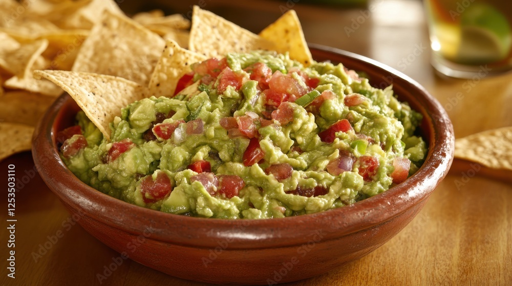 A festive Mexican table setup with a bowl of creamy guacamole, crispy tortilla chips, spicy salsa, and a margarita glass in the background. A festive Mexican table setup with a bowl of creamy guacamole, crispy tortilla chips, spicy salsa, and a margarita glass in the background.