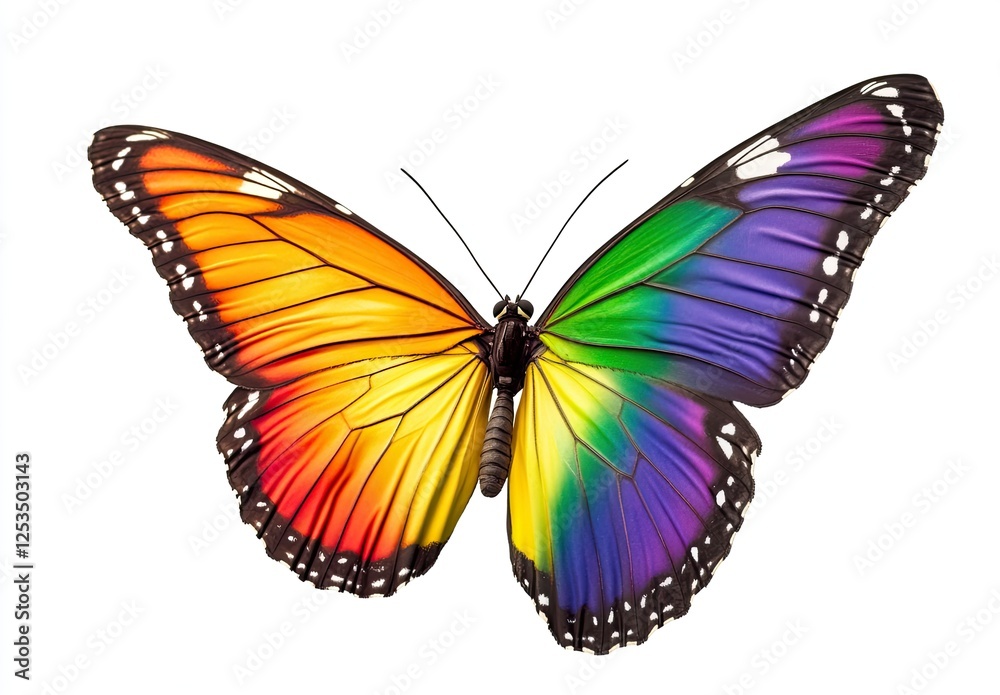Beautiful butterfly with rainbow-colored wings, isolated on a white background Beautiful butterfly with rainbow-colored wings, isolated on a white background