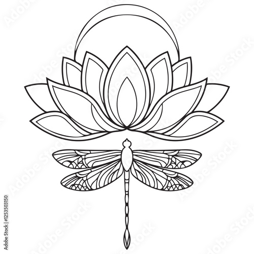 Lotus moon and dragonfly hand drawn for adult coloring book