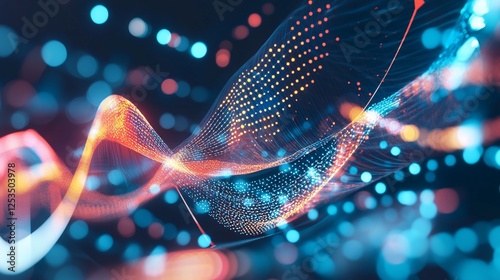 Abstract digital wave with blue and orange bokeh lights illuminating the darkness