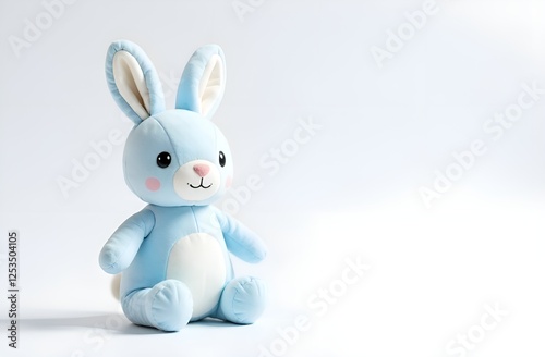 Children's card. Cute blue plush bunny. sits on the left side of the banner, with free space for text on the right. White background