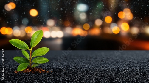 Fototapeta Naklejka Na Ścianę i Meble -  Urban resilience small plant sprouts from asphalt street city nature