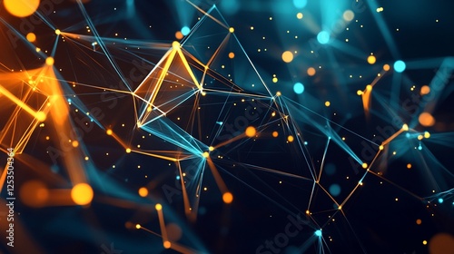 Abstract network of interconnected lines and glowing spheres on a dark background