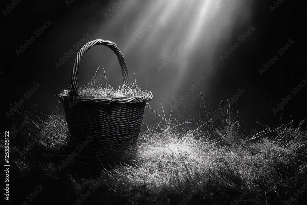 monochrome still life of an abandoned Easter basket amidst overgrown grass, surrounded by eerie shadows