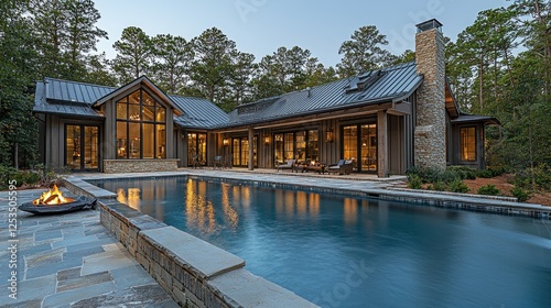 Modern house with pool, fire pit, and forest view at dusk