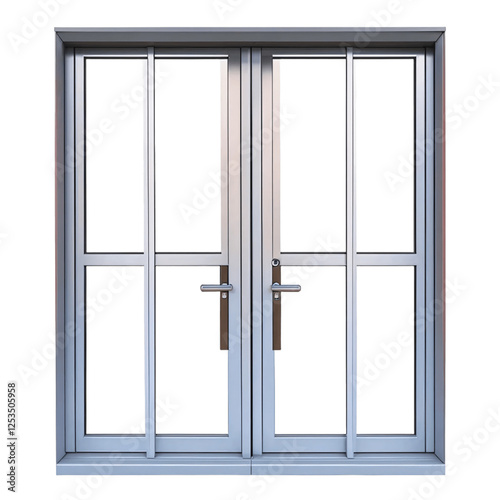 Mockup front view of double aluminium door window isolated on transparent background, cut out