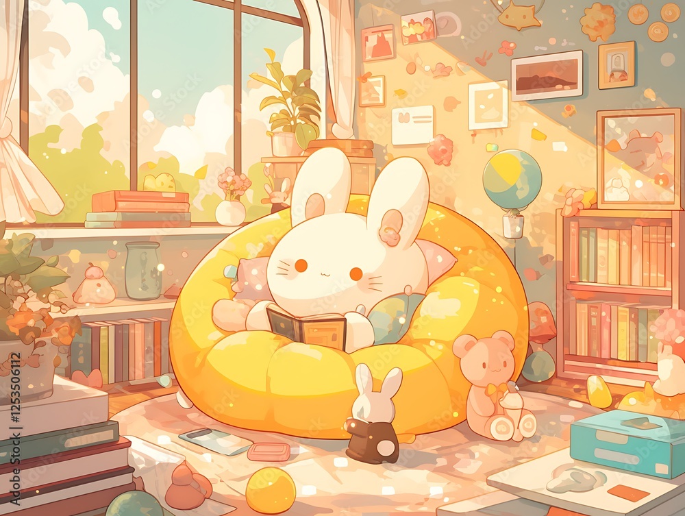 Obraz premium there is a cartoon bunny reading a book in a chair