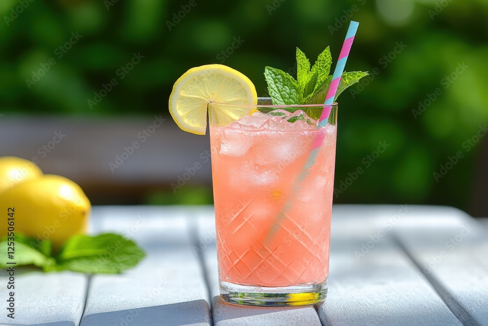 fruity pink cocktail with ice cubes, garnished with a sprig of mint and a slice of lemon