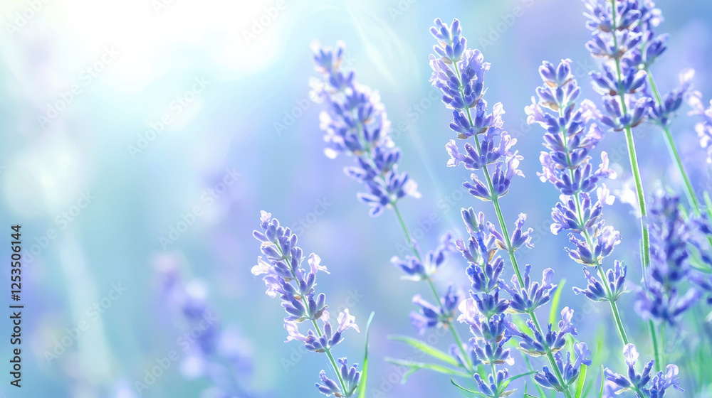 Obraz premium Lavender flowers in soft focus with dreamy blue gradient background, illuminated by gentle sunlight, creating serene and calming atmosphere