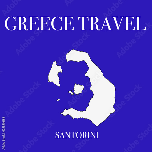 Blue background with Visit Santorini lettering and Greece vacation Santorini map