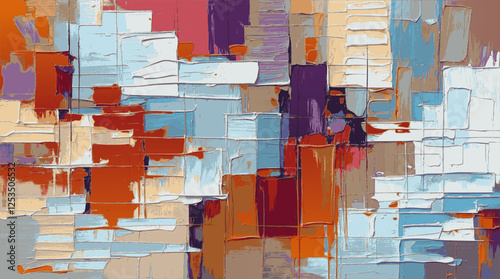 Brushstrokes are thick and textured, giving the impression of layered paint and rough surfaces. The fragmented forms resemble an architectural blueprint or a mosaic of urban structures