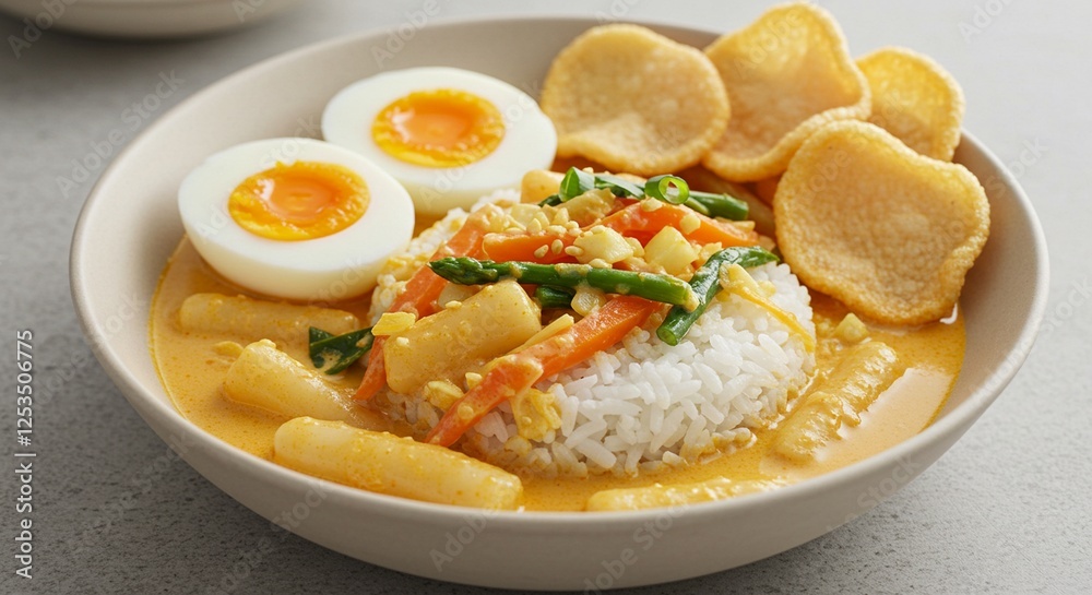 Delicious Rice Bowl with Vegetables, Eggs and Crisps Delicious Rice Bowl with Vegetables, Eggs and Crisps