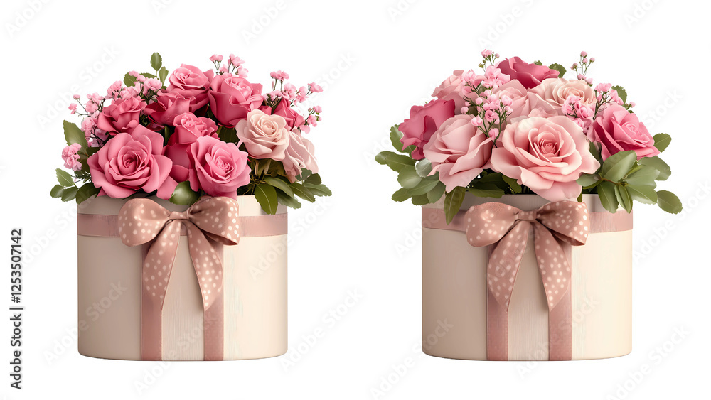two elegant gift boxes filled with delicate pink roses, each tied with a beautiful sparkly bow. This romantic image is perfect for showcasing love, affection, and special occasions. two elegant gift boxes filled with delicate pink roses, each tied with a beautiful sparkly bow. This romantic image is perfect for showcasing love, affection, and special occasions.