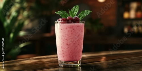 Refreshing raspberry smoothie served in a clear glass on a wooden table in a cozy café setting