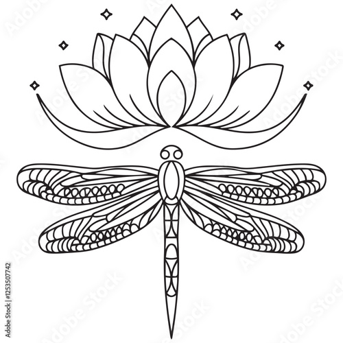 Lotus moon and dragonfly hand drawn for adult coloring book