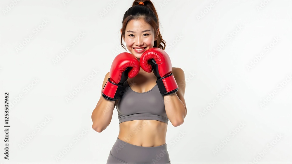Energetic Asian Woman Practicing Boxing Workout – Strong and Confident Fitness Enthusiast with Red Gloves