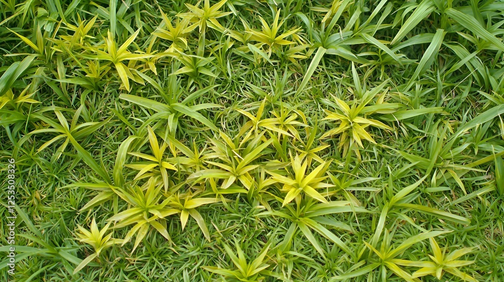 Vibrant Green and Yellow Plants Growing on Natural Grass Surface Vibrant Green and Yellow Plants Growing on Natural Grass Surface