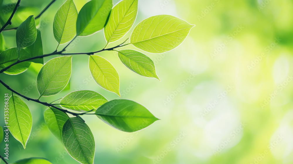 Vibrant green leaves on branch with soft blurred background evoking freshness and tranquility in nature concept Vibrant green leaves on branch with soft blurred background evoking freshness and tranquility in nature concept